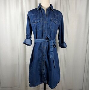 Denim Shirt Dress Belted Roll Tab Sleeves Button Front Blue Small